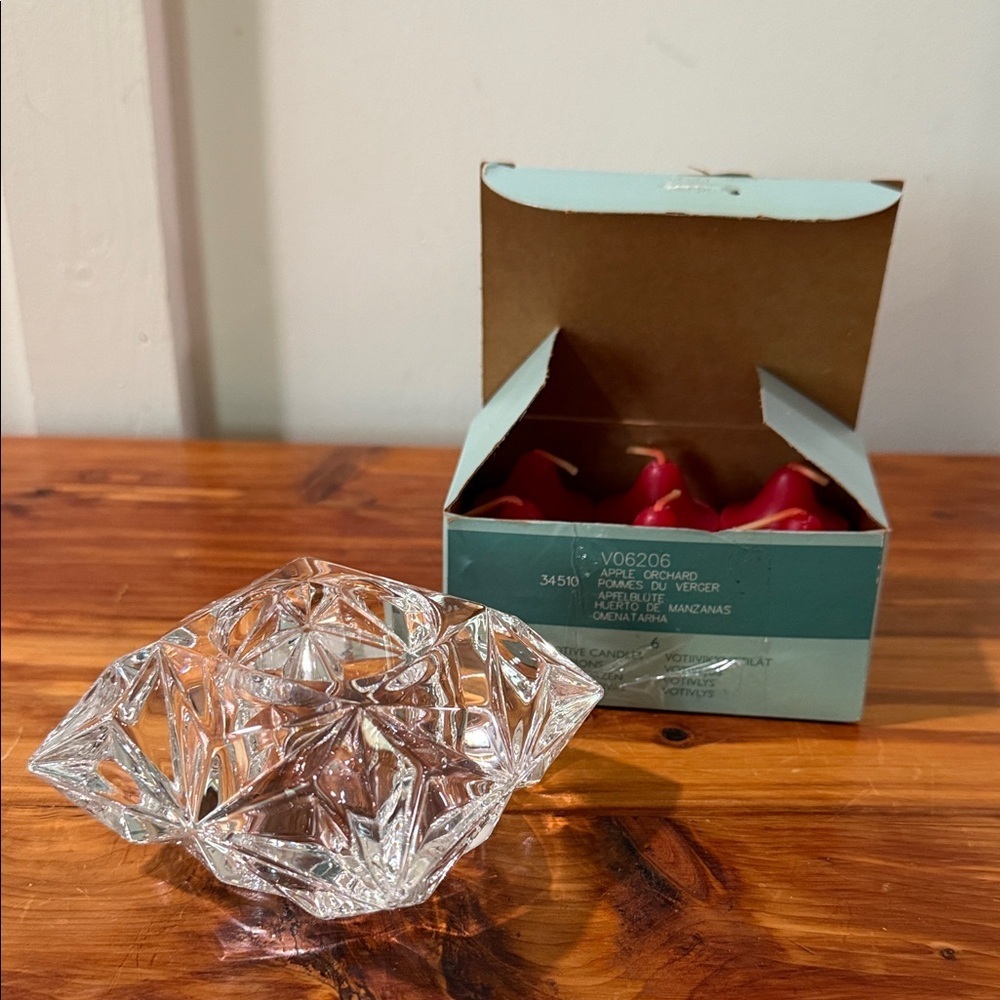 PartyLite Quad Prism Lead Crystal Candle Holder w/ Apple Orchard Votives
